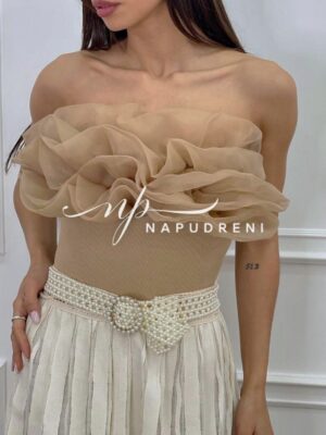 Дамско боди с тюлени къдрици в бежов цвят - код 7213