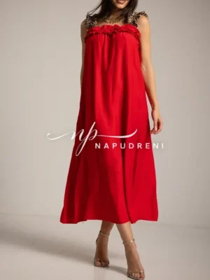 Дълга рокля в червен цвят с презрамки и животнски принт - код BL9507