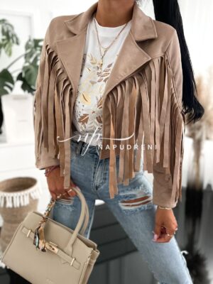 Стилно яке-пелерина с ресни в бежов цвят - код BL9728