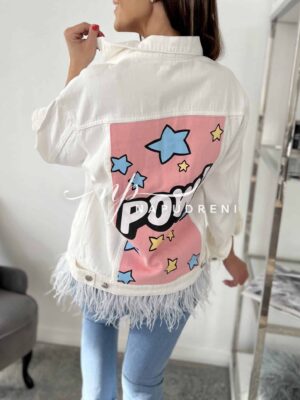 Бяло дънково яке с ефектна апликация и пера - код 5722