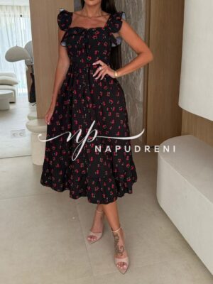 Дълга рокля ''Diossa'' с череши в черен цвят - код BL9487