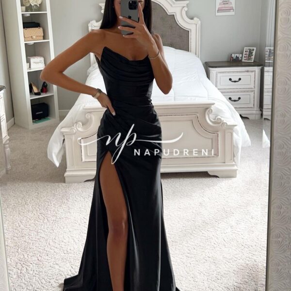 Дълга рокля сатен "Rachel" в черен цвят - код 7829