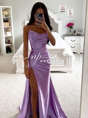 Дълга рокля сатен "Rachel" в лилав цвят - код 7830