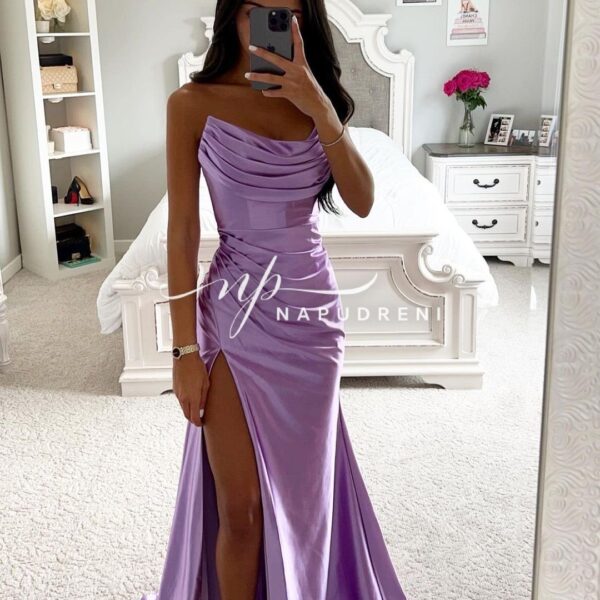 Дълга рокля сатен "Rachel" в лилав цвят - код 7830