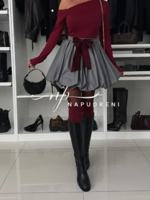 Стилна пола с панделка в сив цвят - код 8355