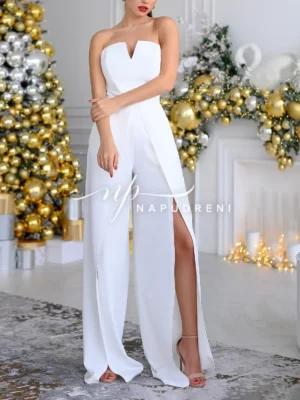 Дамски стилен гащеризон в бял цвят - код 4463