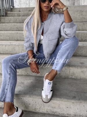 Дамско късо палто с копчета в сив цвят - код 6080