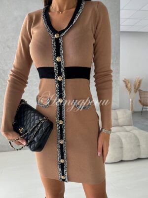 Кафява рокля с черни кантове и ефектни детайли по тях - код 6084