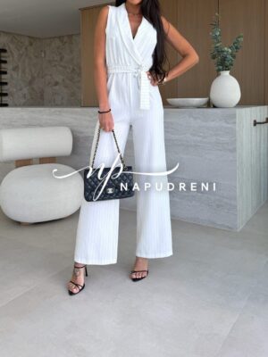 Спортно-елегантен гащеризон с колан в бял цвят - код 9096