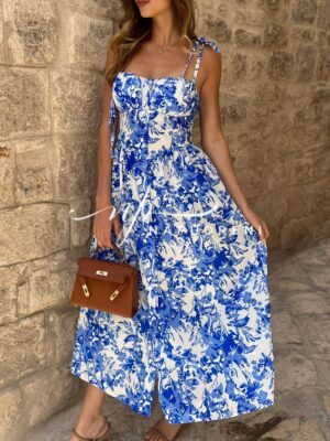 Дълга рокля с презрамки ''BORISSA'' в тъмносин цвят с цветя - код BL9567