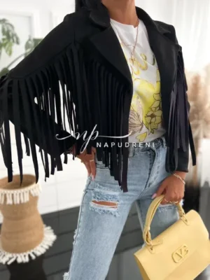 Стилно яке-пелерина с ресни в черен цвят - код BL9729