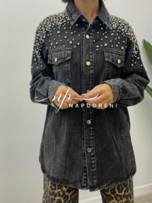 Дънкова риза с камъчета в черен цвят - код SE9736