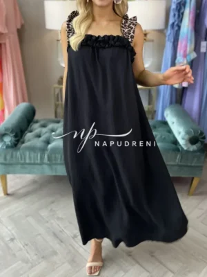 Дълга рокля в черен цвят с презрамки и животнски принт - код BL9506