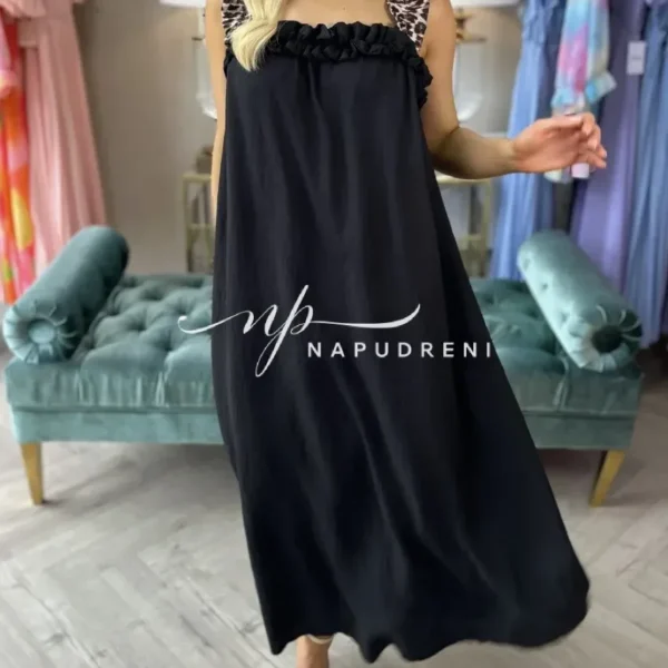 Дълга рокля в черен цвят с презрамки и животнски принт - код BL9506