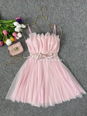 Кокетна дамска рокля с тюл в нежно розов цвят - код 7025