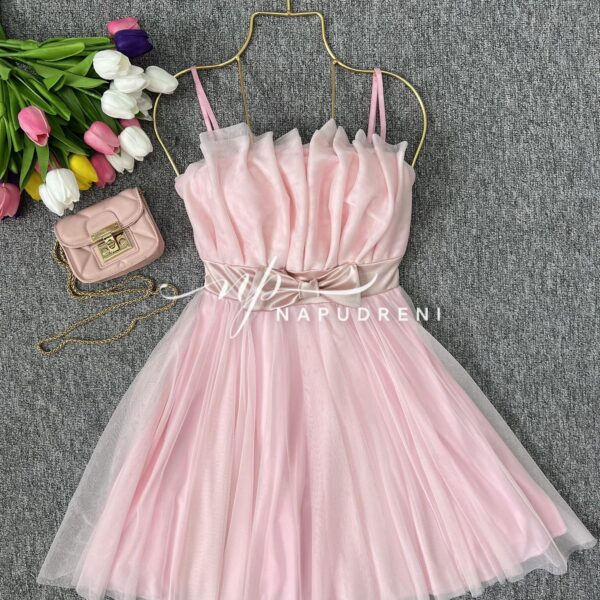 Кокетна дамска рокля с тюл в нежно розов цвят - код 7025