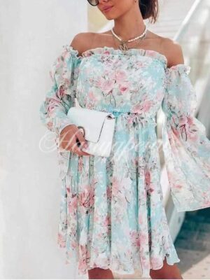 Нежна рокля "Dreamy" в нежно синя разцветка със ситни рози - код 5590