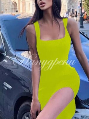 Асиметрична рокля рипс по тялото в жълт цвят - код 5614