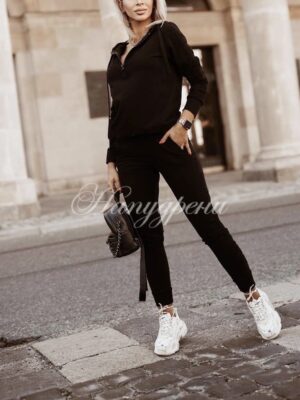 Дамски комплект "Zipp" с качулка и връзки в черен цвят - код 6044