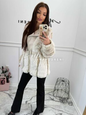 Кожено яке с колан и пух в бежов цвят - код BL9892