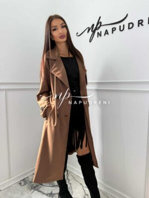 Велурено палто с колан в кафяв цвят - код Bi9914