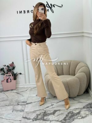 Кожен ватиран панталон в бежов цвят - код G10073