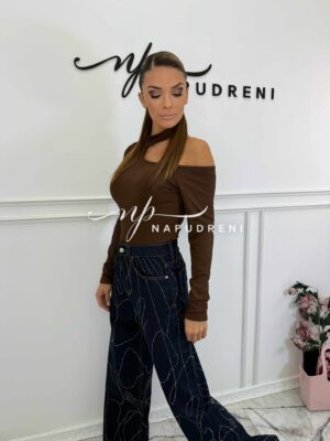 Блуза с асиметрично деколте в кафяв цвят - код BL9953