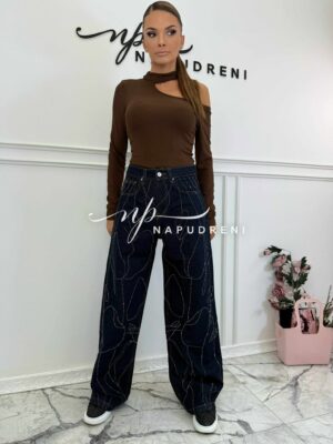 Дънки „WIDE LEG“ с камъчета в тъмносин цвят - код BS9956