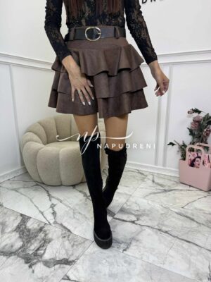 Дамска мини пола ''Ruffled'' с колан в кафяв цвят - код Bi9963
