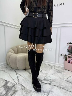 Дамска мини пола ''Ruffled'' с колан в черен цвят - код Bi9966