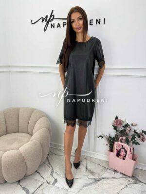 Кожена рокля с дантела в черен цвят - код Bi10087