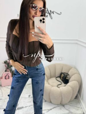 Блуза с чашки ''PUSH UP'' и корсетен ефект в кафяв цвят - код Bi9977