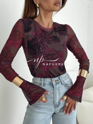 Блуза с мрежа и рози ''MARY'' в цвят бордо - код G9988