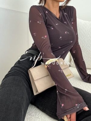 Блуза с мрежа и малки рози ''MARY'' в цвят шоколад - код G9989