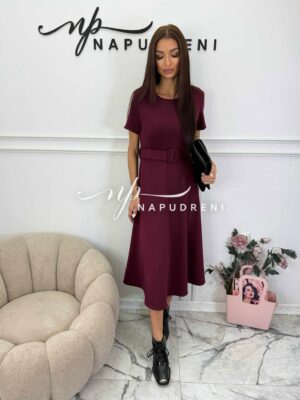 Стилна дълга рокля с колан в цвят бордо - код Bi10105