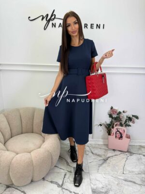 Стилна дълга рокля с колан в син цвят - код Bi10106