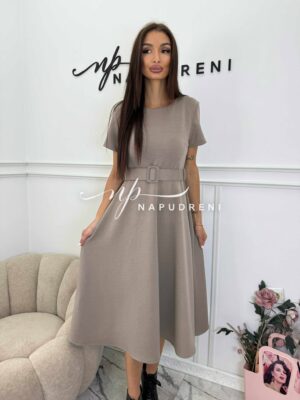 Стилна дълга рокля с колан в цвят мока - код Bi10108