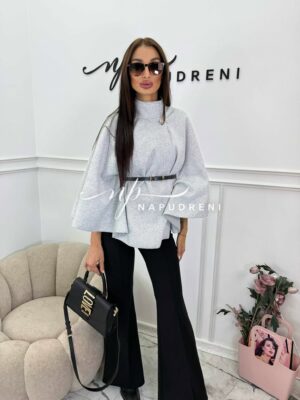 Дамско стилно палто с колан в сив цвят - код 7963