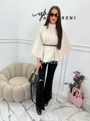 Дамско стилно палто с колан в бежов цвят - код 9919