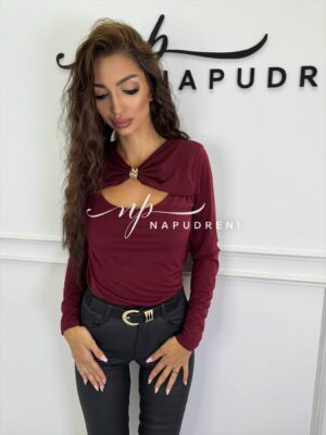 Блуза с дълъг ръкав и златиста декорация в цвят бордо - код G9834