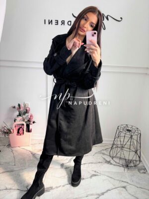 Велурено палто с колан в черен цвят - код Bi9915