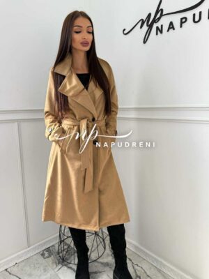 Велурено палто с колан в бежов цвят - код Bi9913