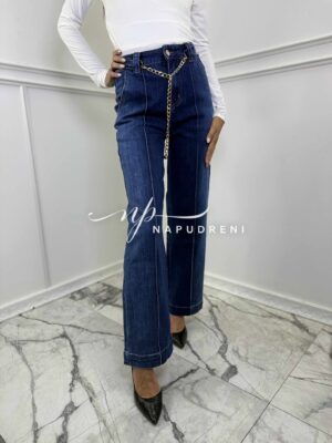 Разкроени дънки в тъмносин цвят със златист аксесоар - код G9819