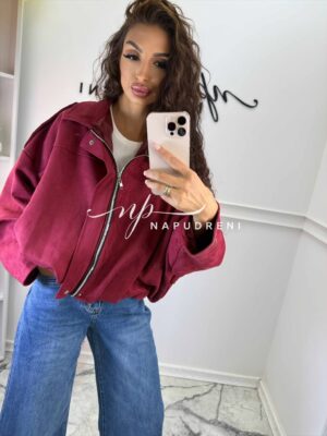 Велурено яке с цип в цвят бордо - код G9820