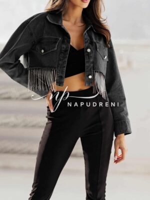 Дънково късо яке с ресни в черен цвят - BL9756