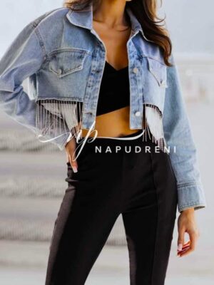 Дънково късо яке с ресни в син цвят - BL9755