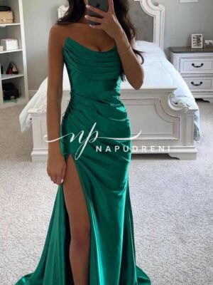 Дълга рокля сатен "Rachel" в зелен цвят - код 9754