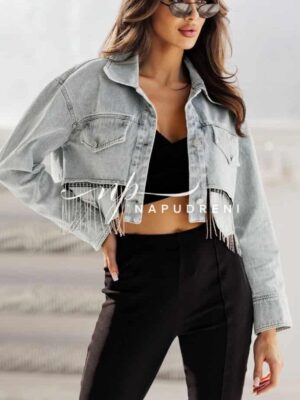 Дънково късо яке с ресни в светлосин цвят - BL9757