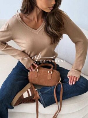 Дамски пуловер с V-образно деколте в бежово цвят - G9791