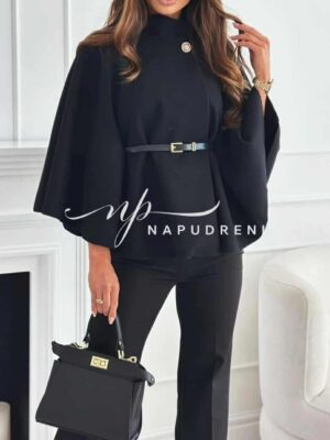 Дамско стилно палто с колан в черен цвят - код 9920